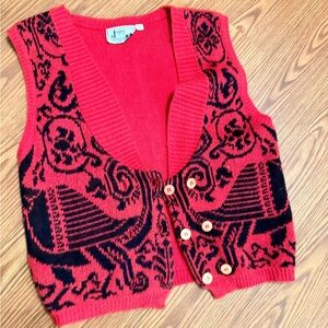 American Vintage Red Black Patterned Cardigan Vest Original Buttons